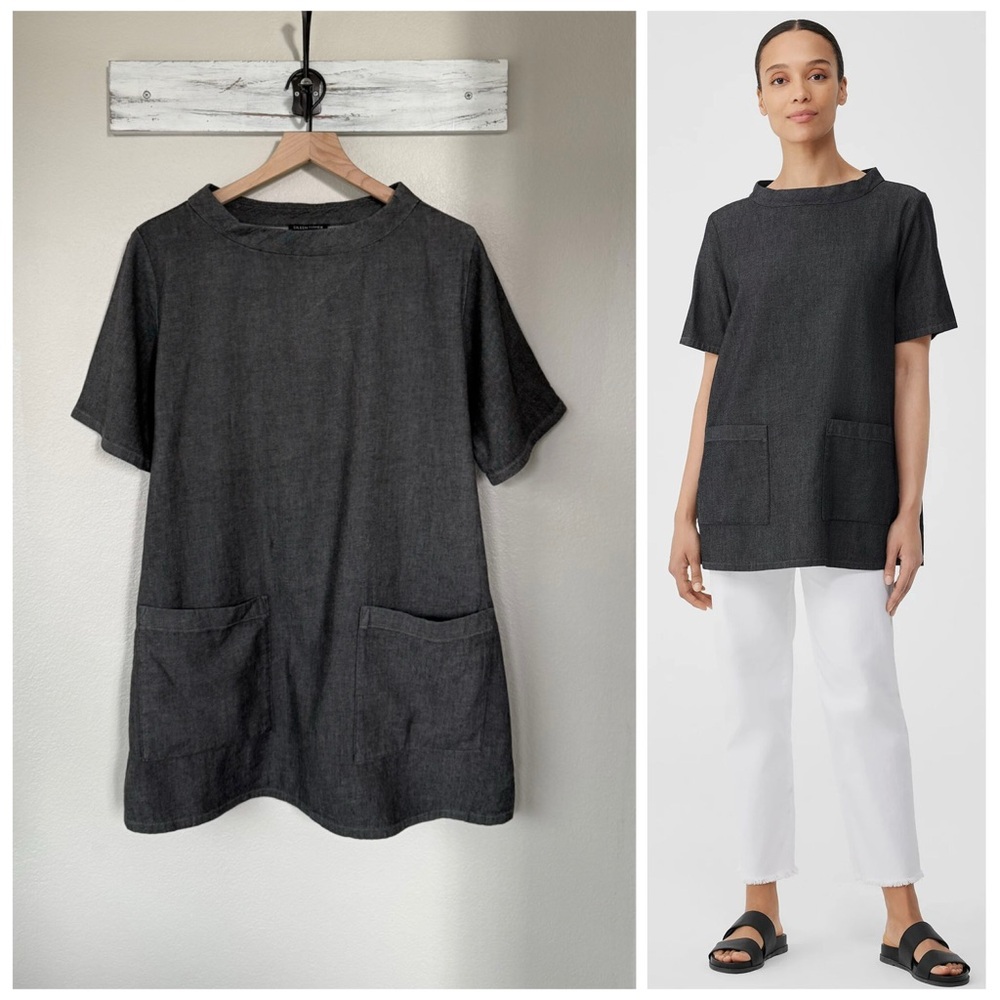 EILEEN FISHER M Airy Organic Cotton Twill Mock Neck Long Top in Black Variegated